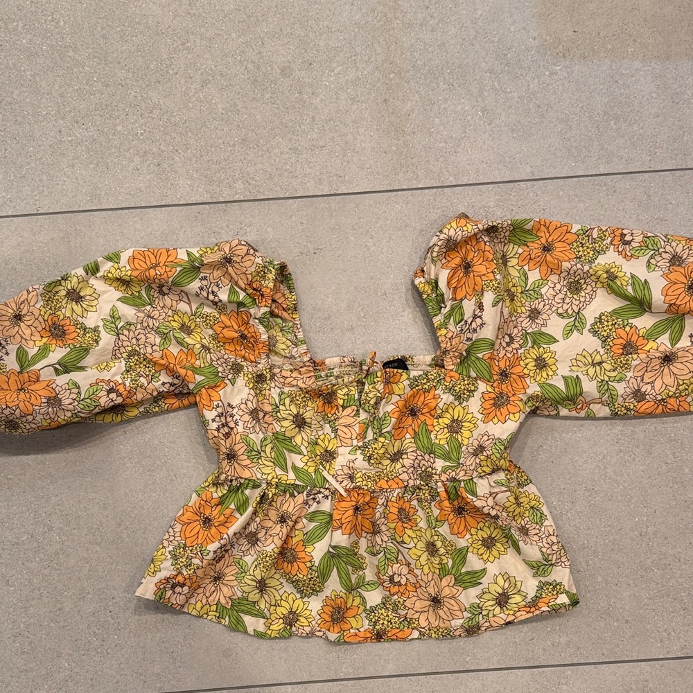 J. Crew Floral Smocked Top — Orange, Green & Cream